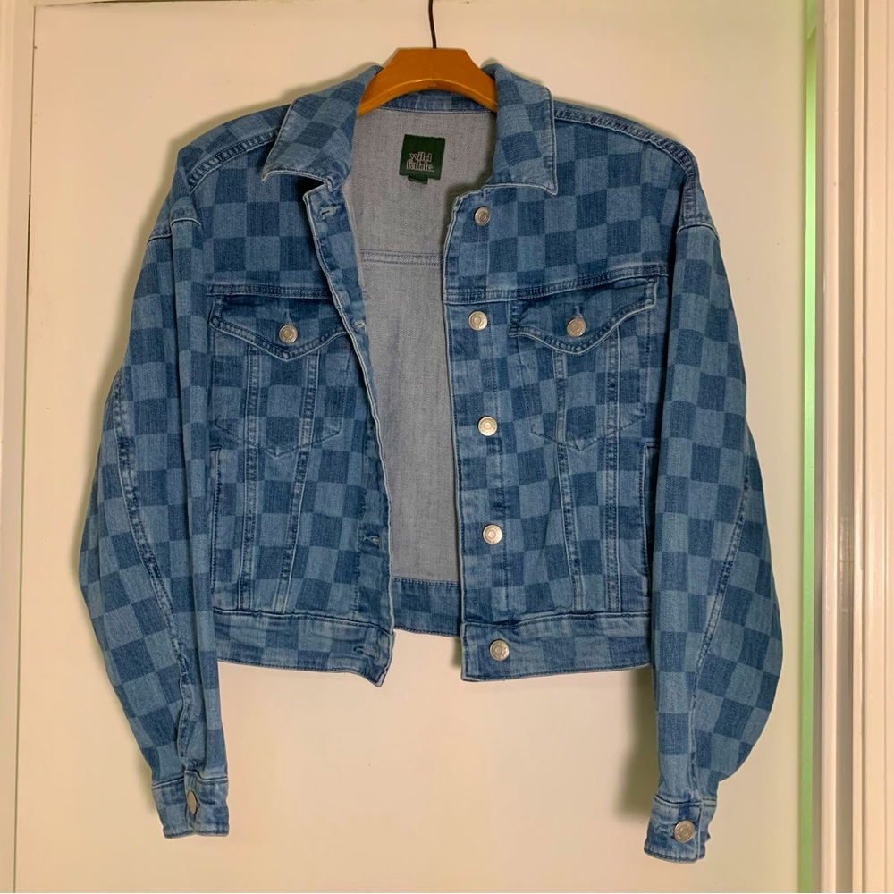 Checkered Denim Cropped Jean Jacket 🦋💙🦕
